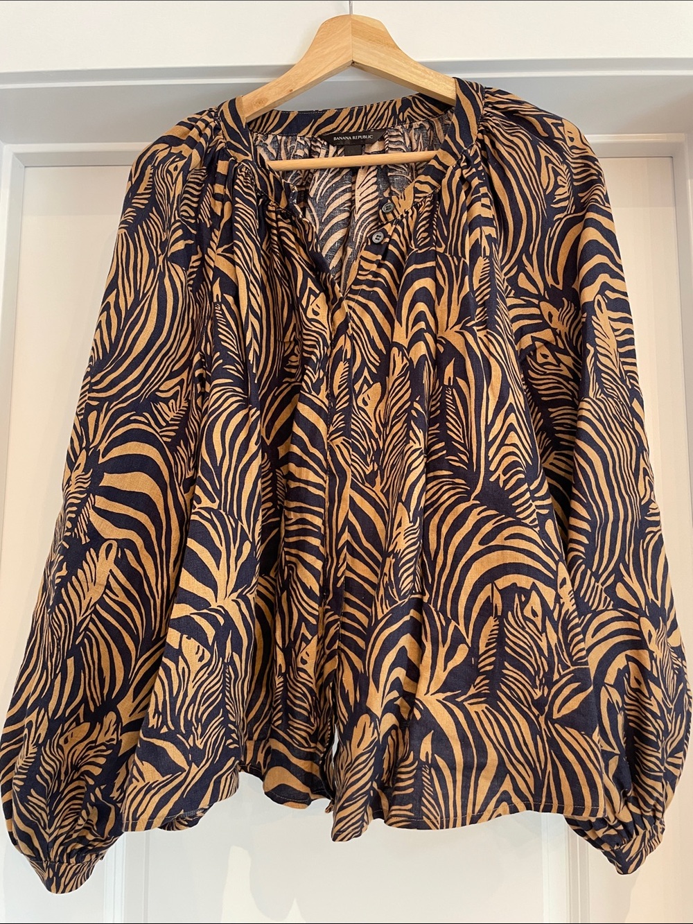 Banana Republic Navy and Tan Zebra-Print Peasant Blouse